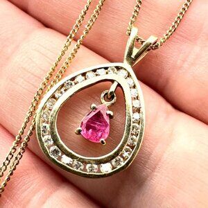Estate Womens Necklace 14K Yellow Gold Ruby Diamond Pendant 18 Inch